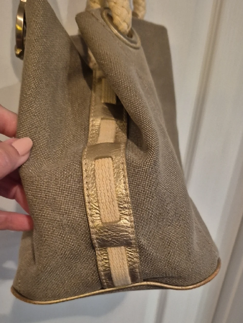 Michael Kors Beige-Tan Rope Handle Shoulder Bag With Gold Leather Trim